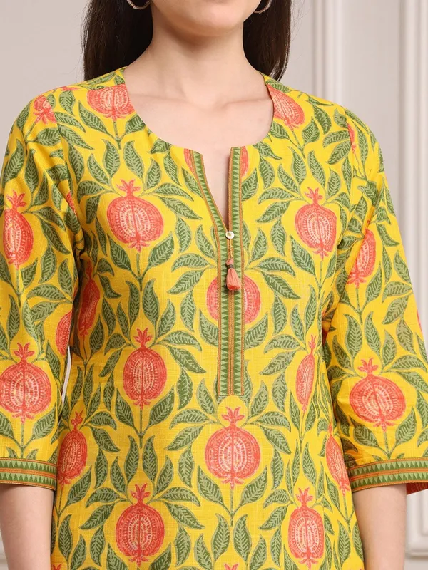 Yellow printed straight cut cotton silk kurti