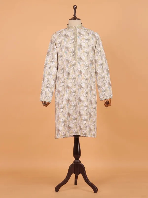 Yellow printed zari finished kurta set for men