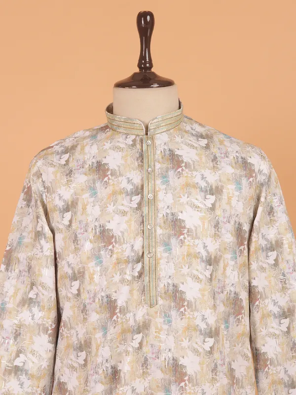 Yellow printed zari finished kurta set for men