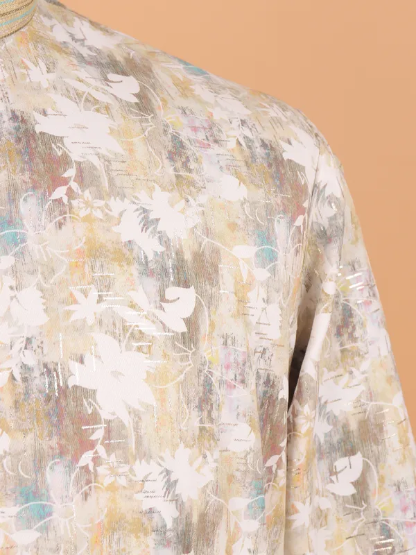 Yellow printed zari finished kurta set for men