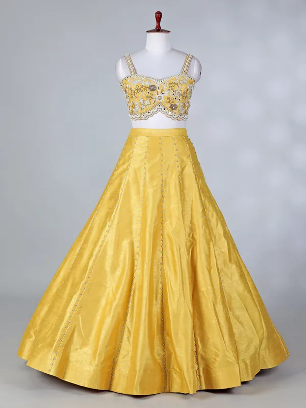Yellow raw silk designer haldi lehenga choli with dupatta