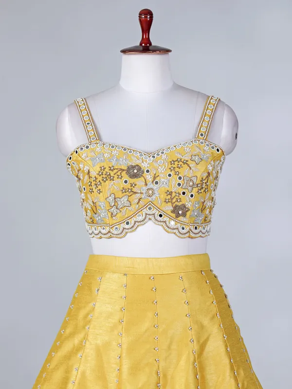Yellow raw silk designer haldi lehenga choli with dupatta