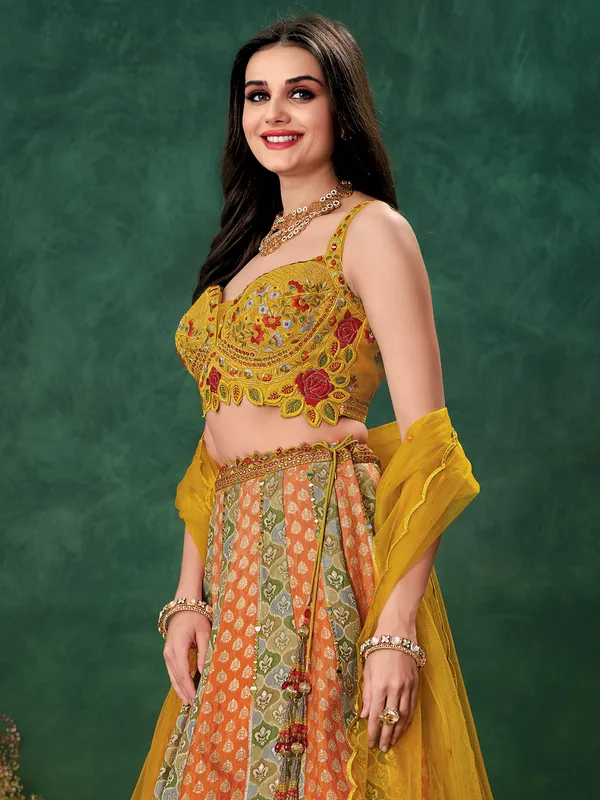 Yellow raw silk lehenga choli for haldi