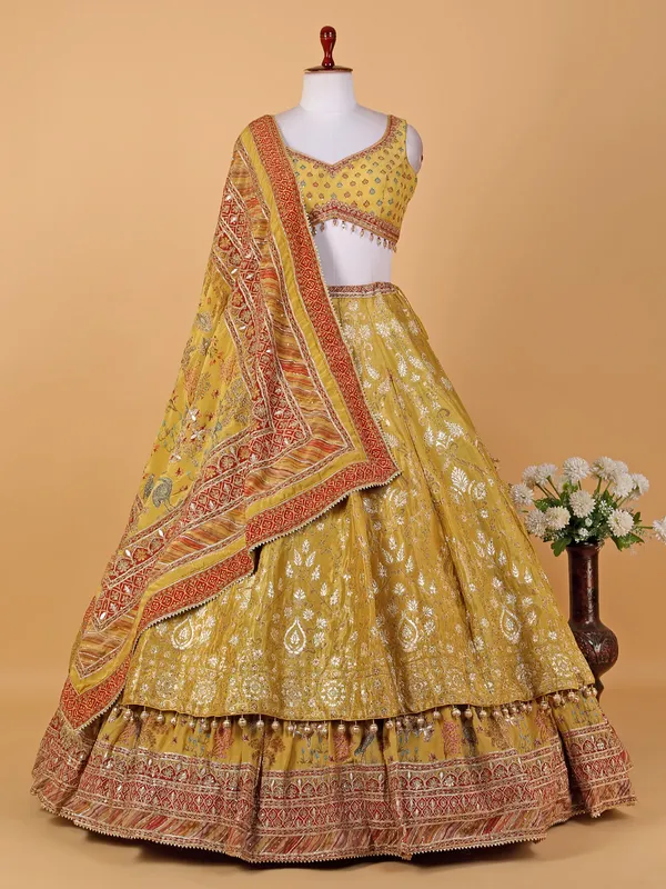 Yellow raw silk zari weaving lehenga choli