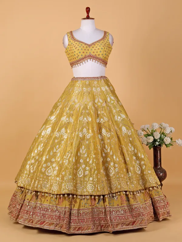 Yellow raw silk zari weaving lehenga choli