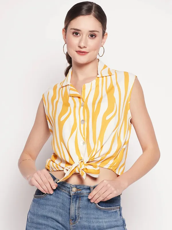 Yellow rayon cotton printed crop top