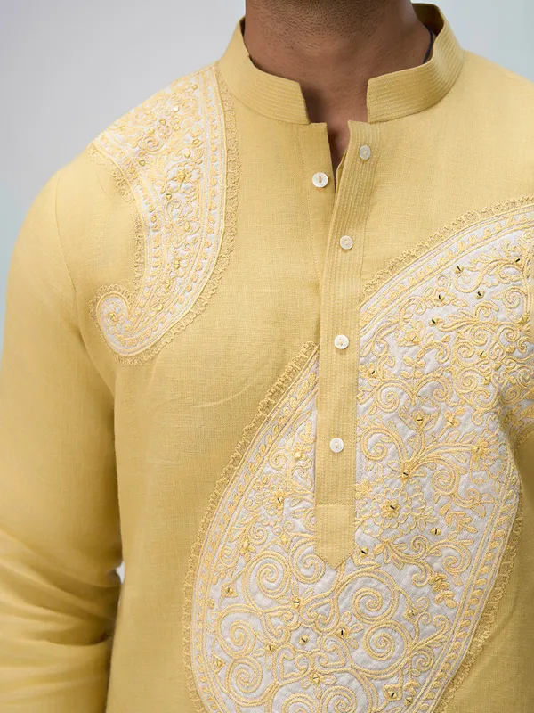 Yellow resham linen kurta pajama ensemble