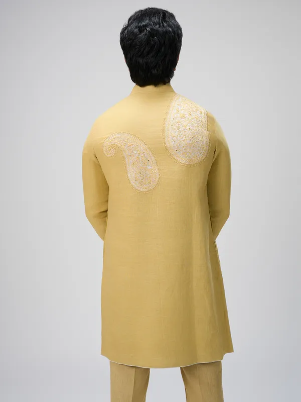 Yellow resham linen kurta pajama ensemble