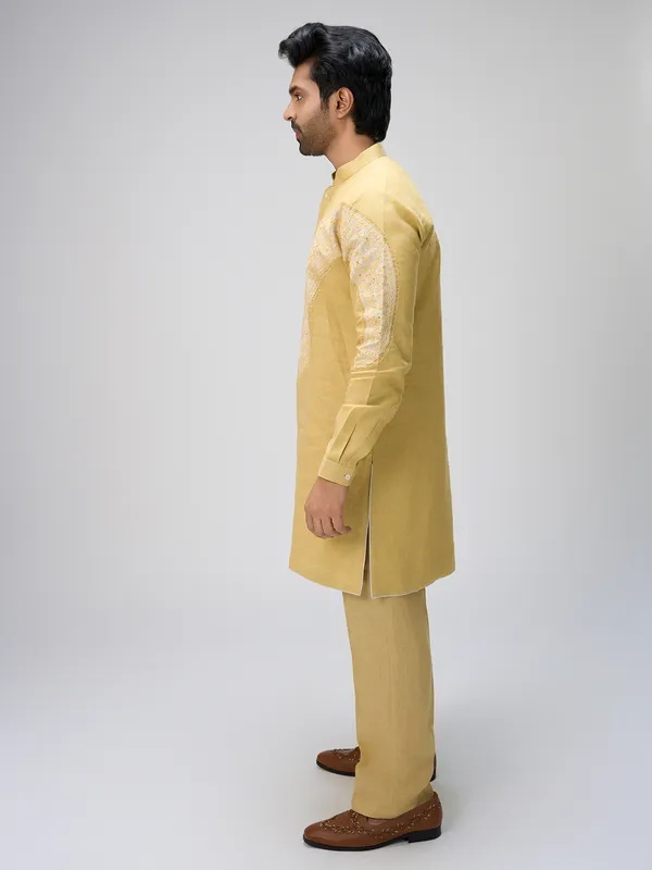 Yellow resham linen kurta pajama ensemble
