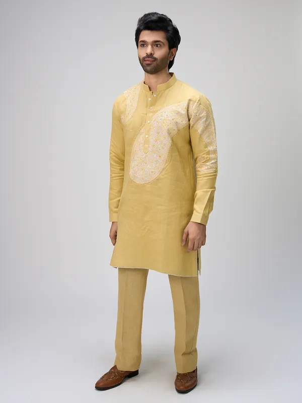 Yellow resham linen kurta pajama ensemble