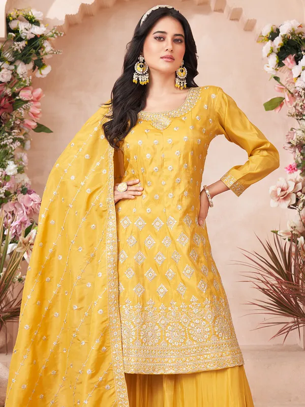 Yellow resham worked palazzo suit