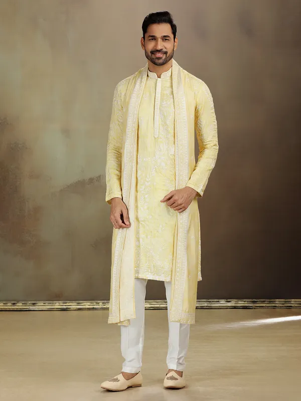 Yellow satin silk kurta set with shine