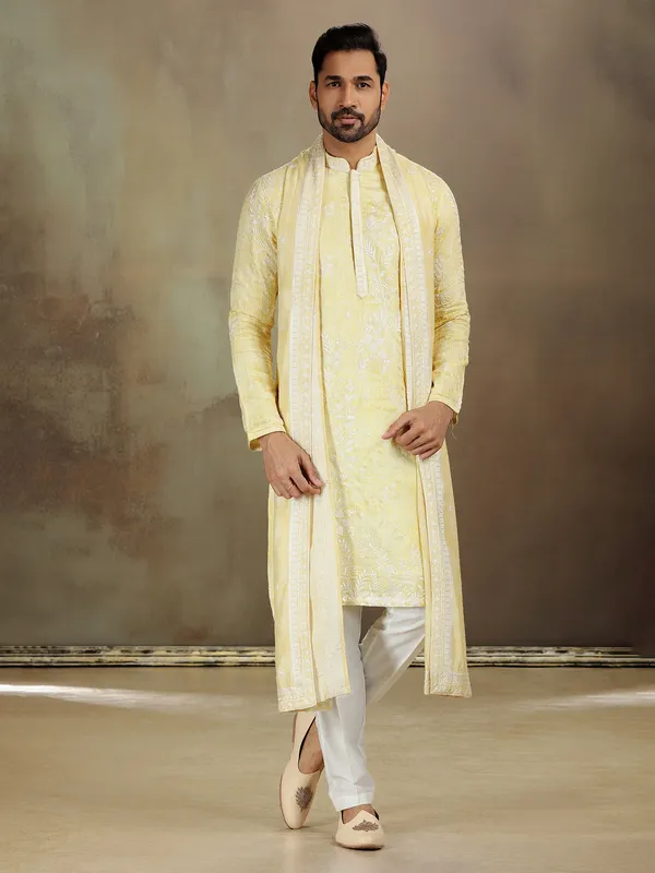 Yellow satin silk kurta set with shine