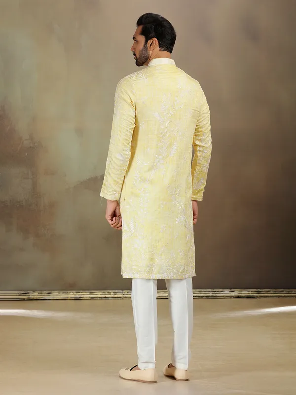 Yellow satin silk kurta set with shine