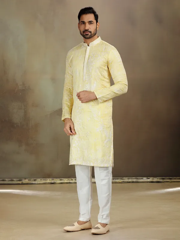 Yellow satin silk kurta set with shine