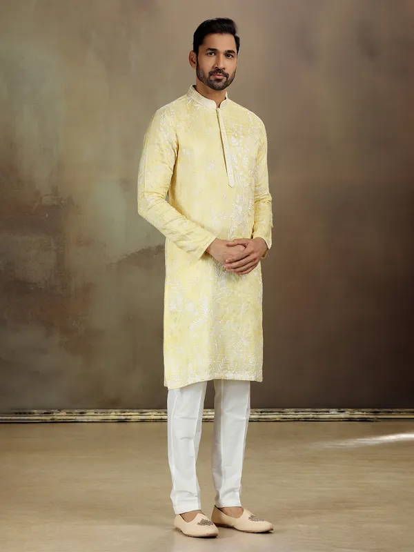 Yellow satin silk kurta set with shine