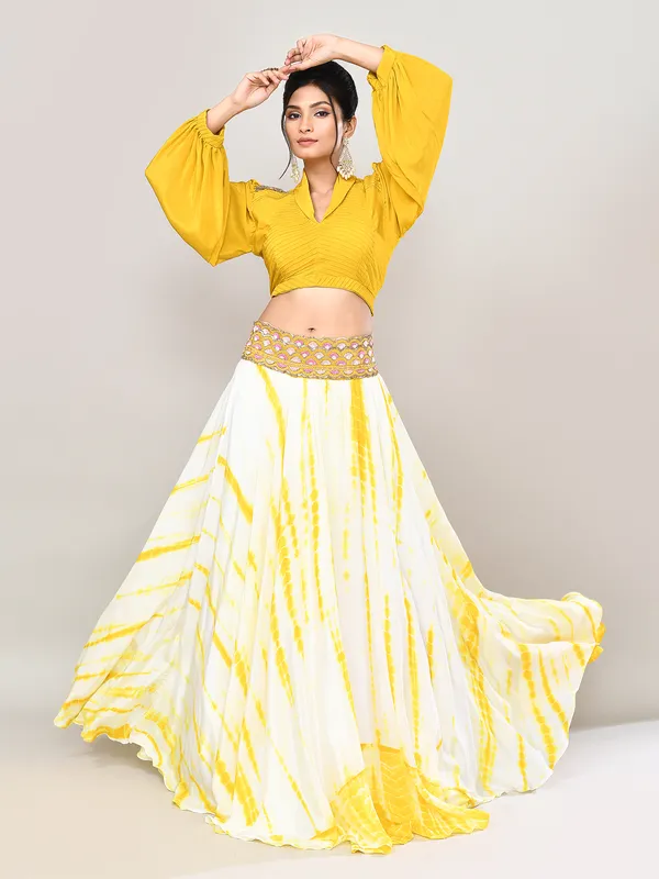 Yellow satin silk lehenga choli with attached dupatta