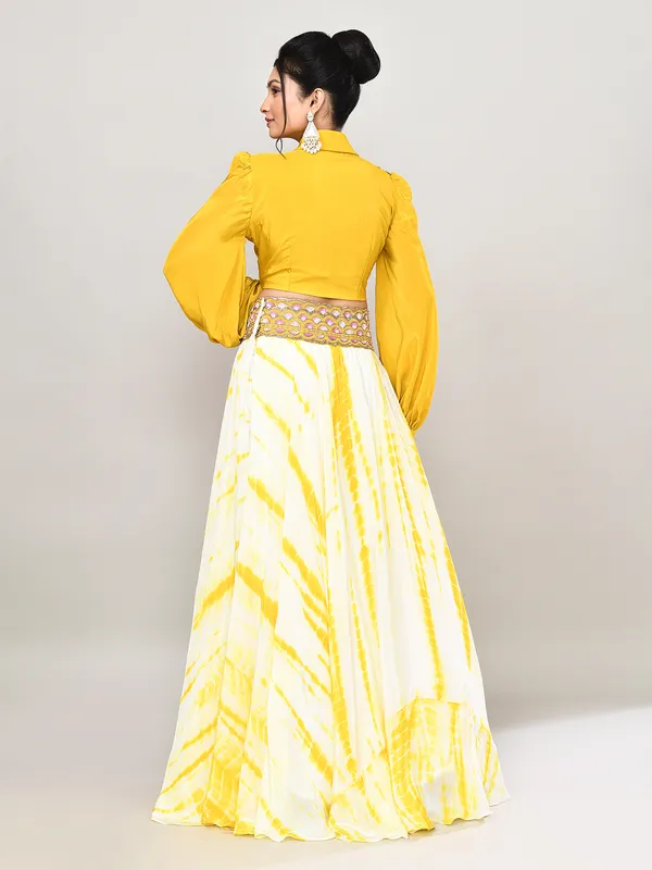 Yellow satin silk lehenga choli with attached dupatta