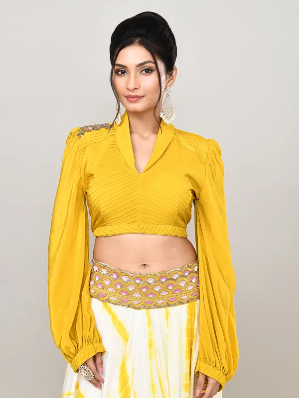 Yellow satin silk lehenga choli with attached dupatta