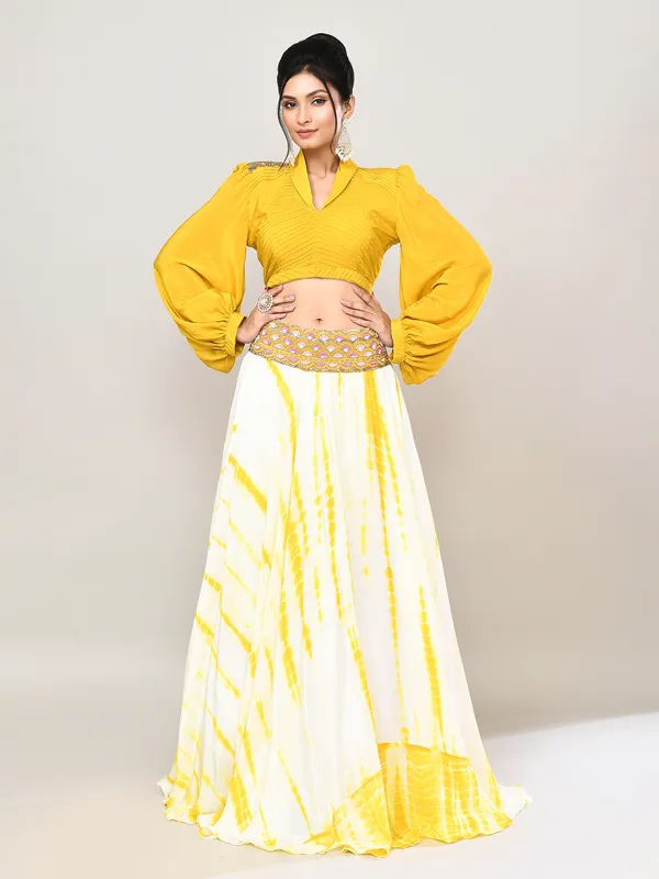 Yellow satin silk lehenga choli with attached dupatta