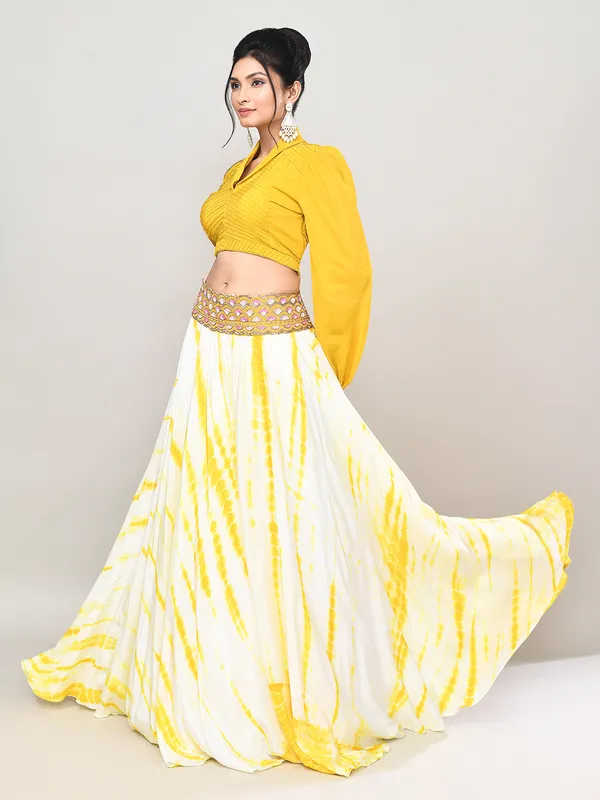 Yellow satin silk lehenga choli with attached dupatta