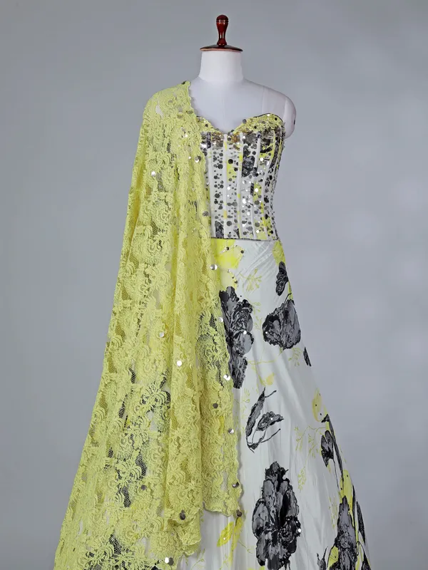 Yellow satin silk lehenga choli with floral print