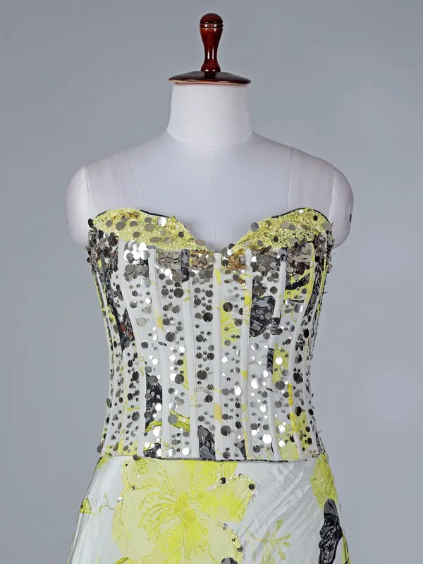 Yellow satin silk lehenga choli with floral print