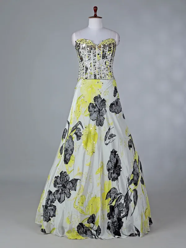 Yellow satin silk lehenga choli with floral print