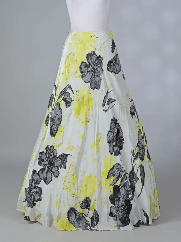 Yellow satin silk lehenga choli with floral print