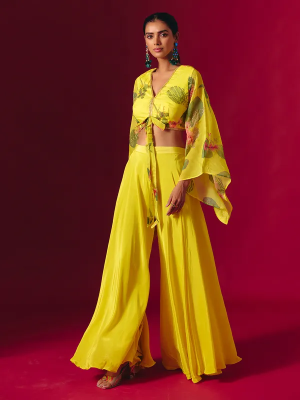 Yellow satin silk printed festive palazzo suit