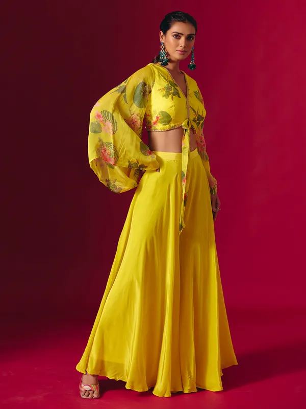 Yellow satin silk printed festive palazzo suit