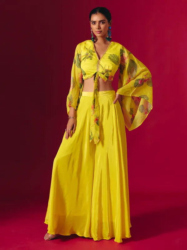 Yellow satin silk printed festive palazzo suit