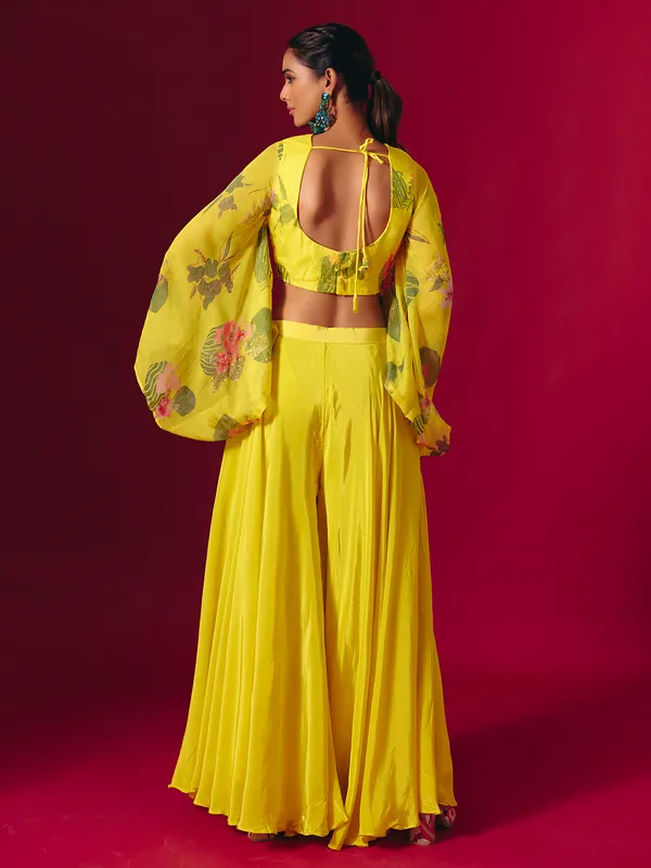 Yellow satin silk printed festive palazzo suit
