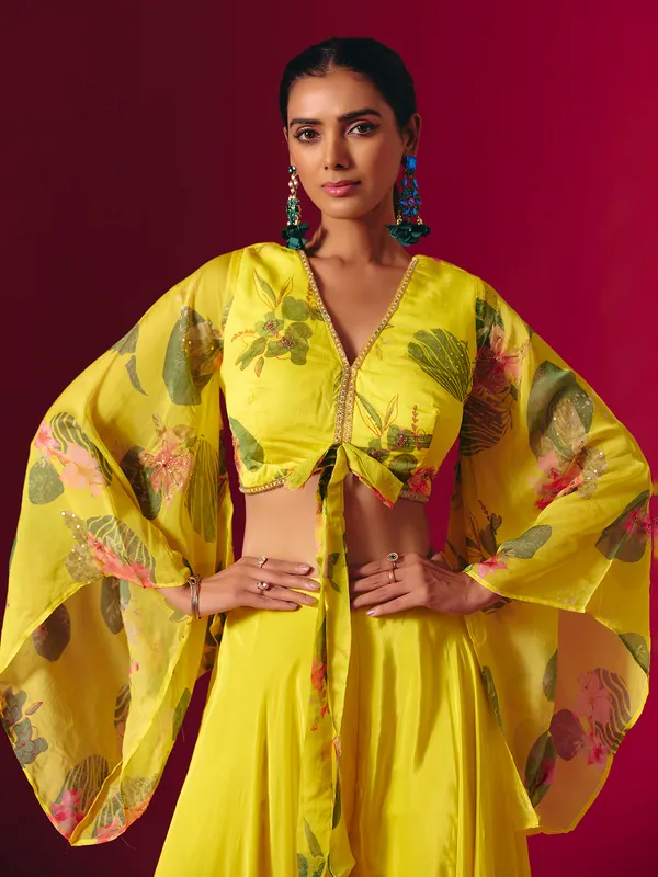 Yellow satin silk printed festive palazzo suit