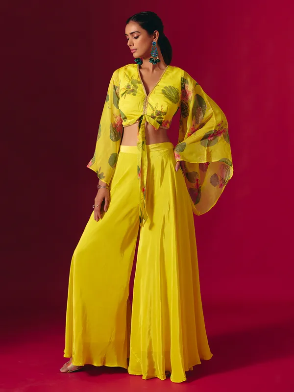 Yellow satin silk printed festive palazzo suit