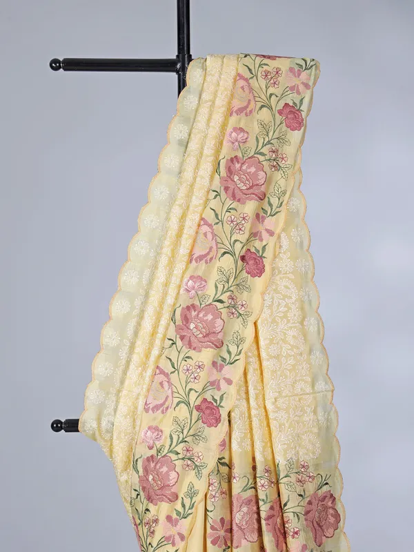 Yellow semi silk saree with festive embroidery haldi style