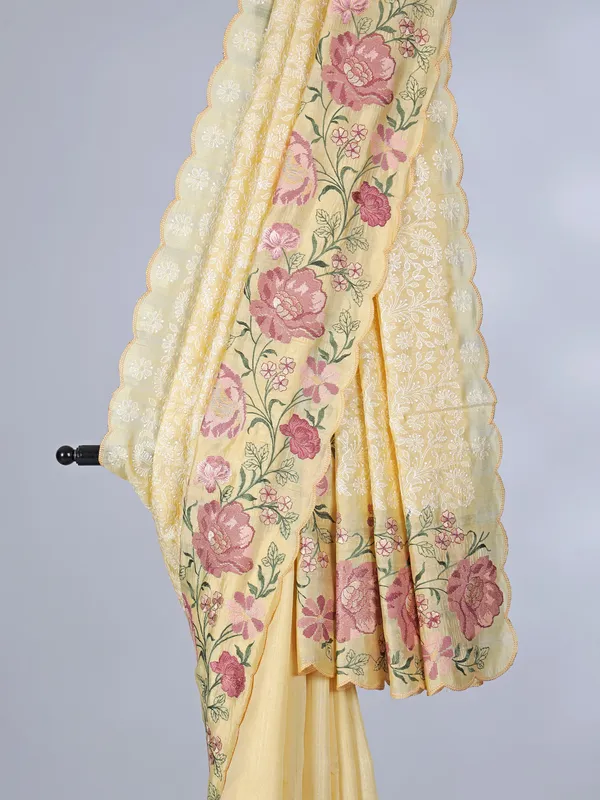 Yellow semi silk saree with festive embroidery haldi style