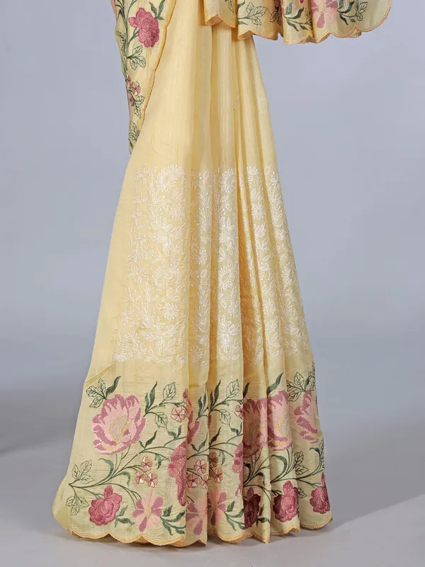 Yellow semi silk saree with festive embroidery haldi style