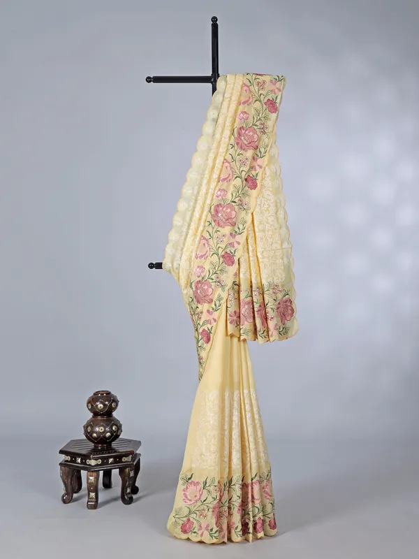 Yellow semi silk saree with festive embroidery haldi style
