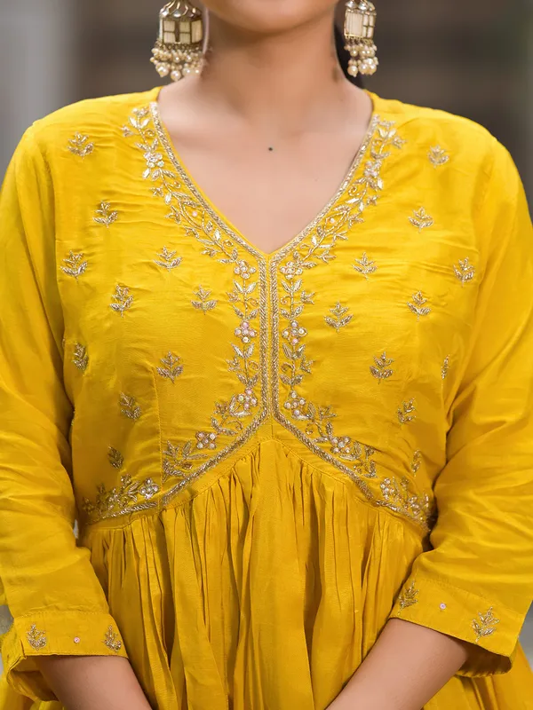 Yellow silk alia cut sharara set with dupatta