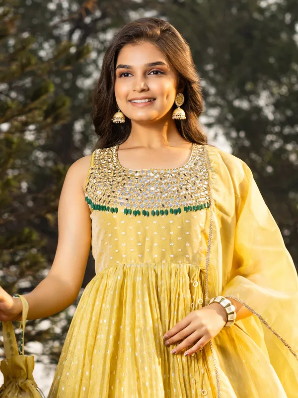 Yellow silk anarkali style palazzo set