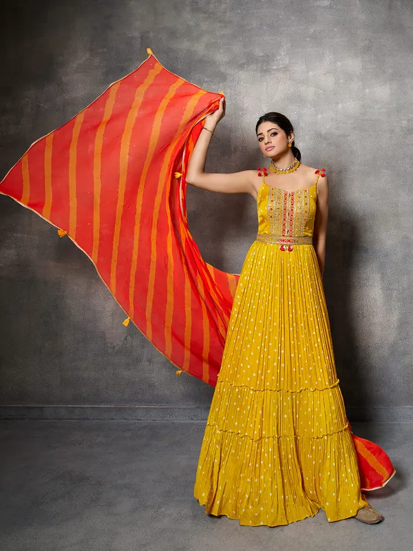 Yellow silk anarkali suit with leheriya dupatta