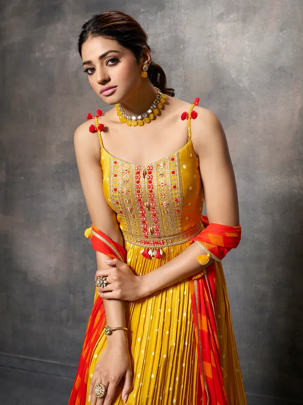 Yellow silk anarkali suit with leheriya dupatta