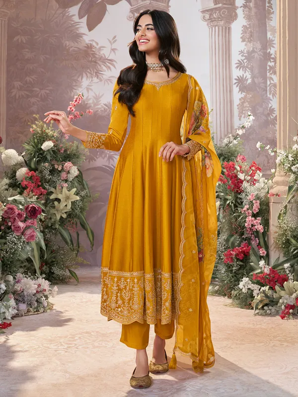Yellow silk anarkali suit with printed dupatta