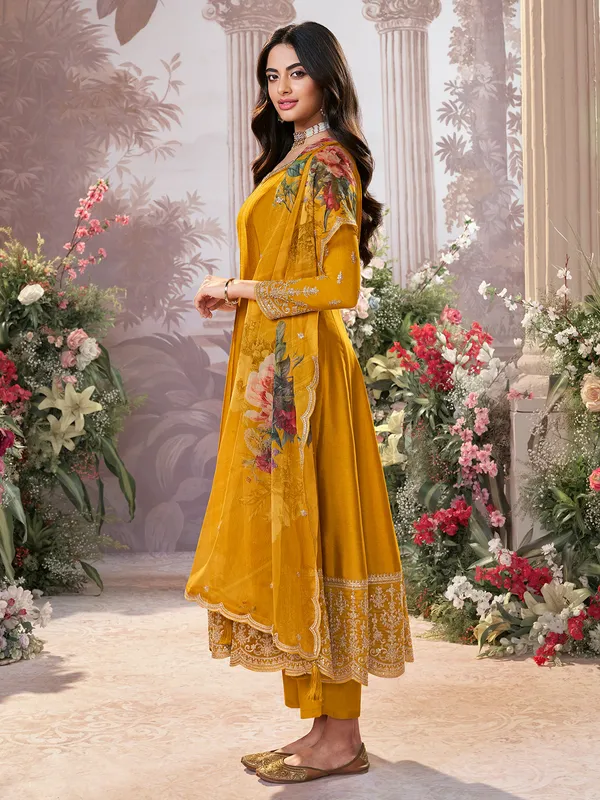 Yellow silk anarkali suit with printed dupatta