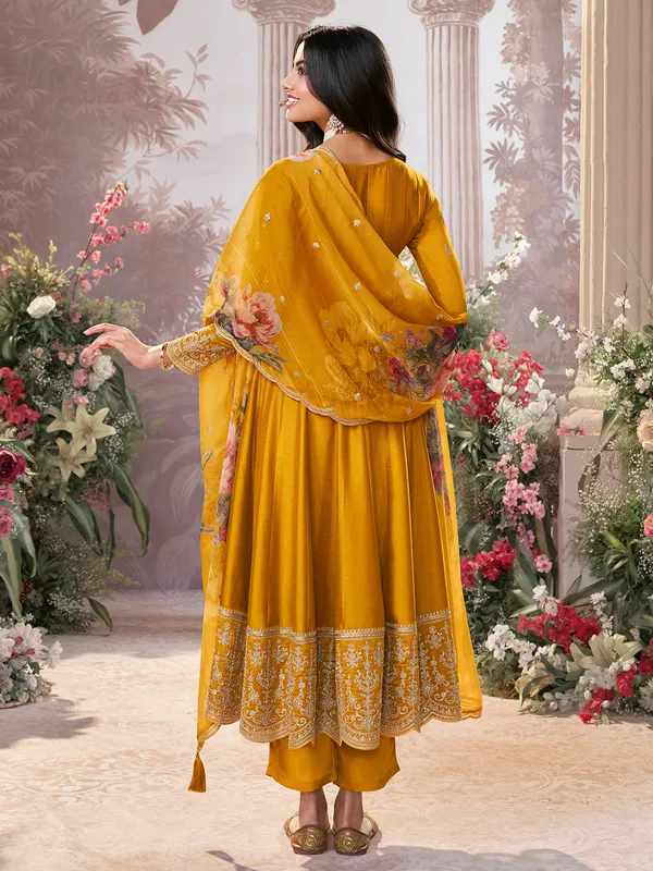 Yellow silk anarkali suit with printed dupatta