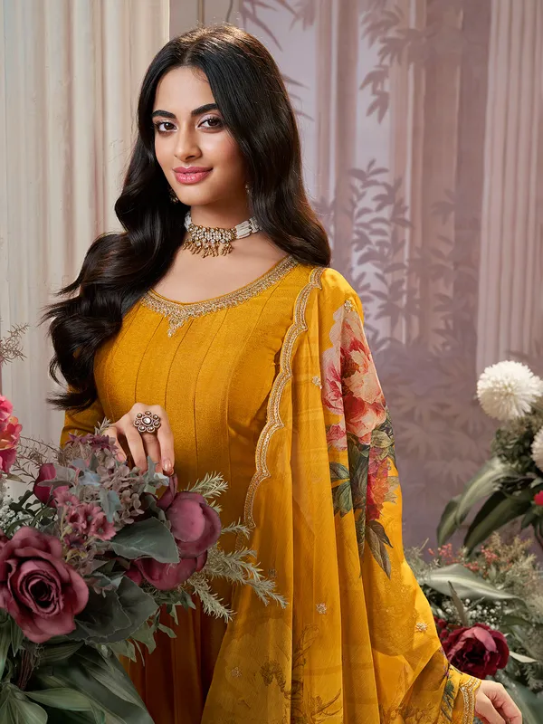 Yellow silk anarkali suit with printed dupatta