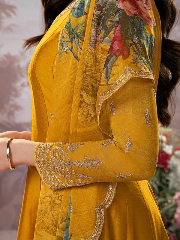 Yellow silk anarkali suit with printed dupatta