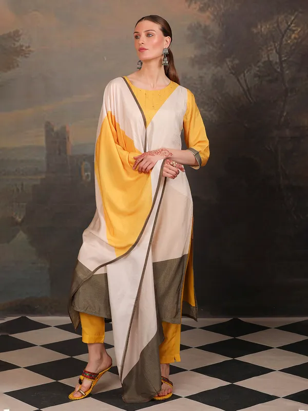 Yellow silk color block kurti set