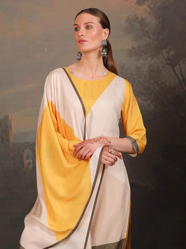 Yellow silk color block kurti set